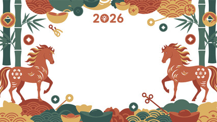 Vibrant 2026 Year of the Horse frame with cultural designs and prosperity symbols, perfect for new beginnings