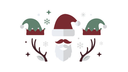 A vibrant flat design illustration featuring essential Christmas symbols like Santa's hat, beard, elf caps, and reindeer antlers, perfect for diverse holiday season projects