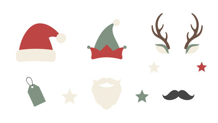 Festive flat design collection of Christmas and winter holiday elements including Santa hat, elf hat, and reindeer antlers, perfect for seasonal creative projects and decorations