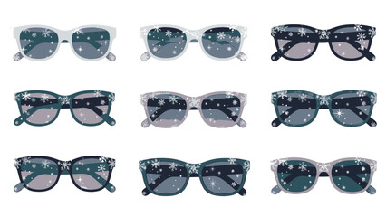An array of fashionable eyewear with captivating snowflake patterns reflected on the lenses, embracing winter style and cool elegance