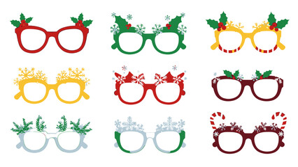 Collection of festive Christmas and New Year's holiday novelty glasses, perfect for celebration accessories and fun party wear