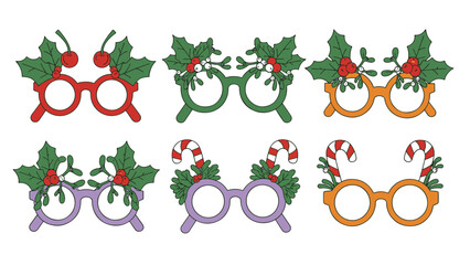 Charming illustrated set of festive eyewear with holly, mistletoe, and candy canes, ideal for holiday season parties