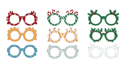 Vibrant collection of nine illustrated party glasses, featuring fun, festive holiday designs perfect for seasonal celebrations and events