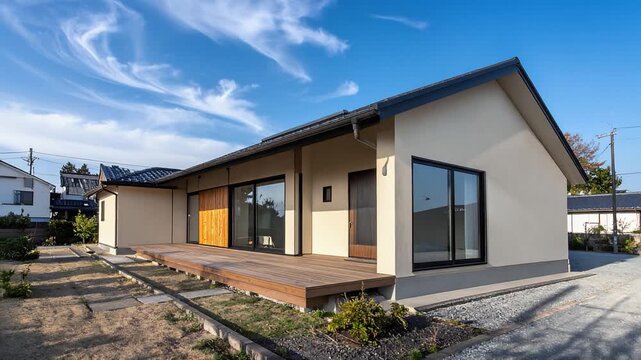 平屋のモダンな住宅が青空の下で広がる明るい街並みの一角