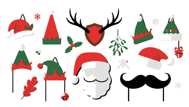Charming vector holiday collection featuring festive Christmas party props like Santa hats, elf ears, antlers, and seasonal elements for celebrations