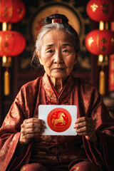 beautiful old wise  Asian woman with symbol of chinese new year 2026, the year of horse, china astrology 