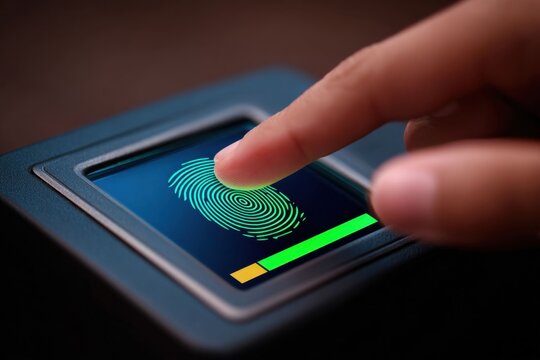 Detailed Close-up of a Finger on Biometric Fingerprint Scanner in Action