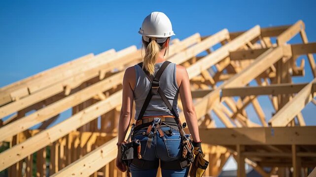 青空の下で新しい家の骨組みを見つめる白いヘルメットと安全帯を装着した女性作業員の背中