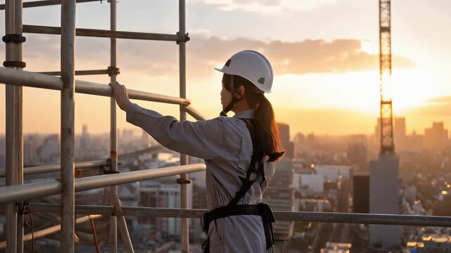 夕焼けに染まる都市の建設現場でヘルメットと安全帯を装着した女性が足場に立つ