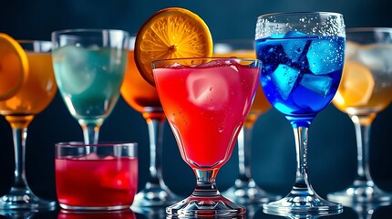 A hyperrealistic photograph of an array of exotic cocktails, vibrant hues of orange, pink, and blue swirling in crystal glasses, dew drops clinging to the glass, studio lighting.
