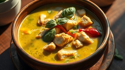 A hyperrealistic portrait of a vibrant Thai green curry, creamy coconut milk broth, chunks of chicken and fresh vegetables, a sprinkle of basil leaves, served in an earthenware bowl.