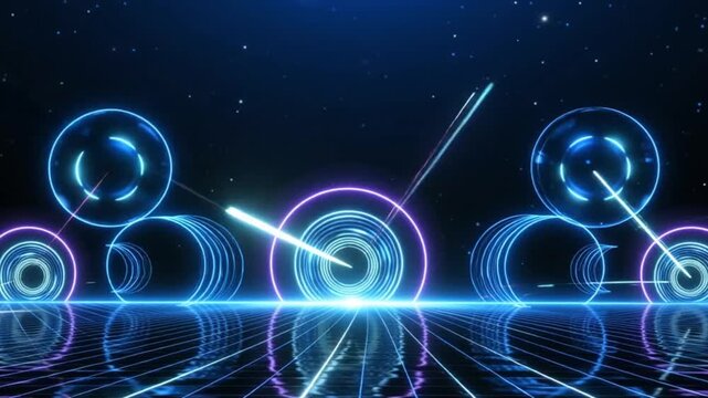 Hologram shine effect portal animation. Futuristic neon laser beams forming a glowing circular portal. Seamless loop 4K. Retro synthwave landscape with grid floor and distant mountains. Bright energy 
