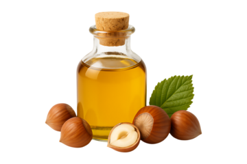 Healthy Cold Pressed Hazelnut Oil in Cork Bottle Arrangement Isolated on a Transparent Background