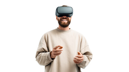 Man wearing VR headset smiles and gestures with hands while experiencing virtual reality, perfect for tech presentations and futuristic advertising.