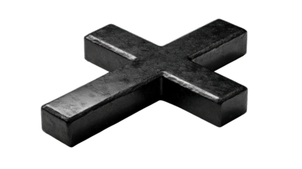 Solid Black Cross Sculpture Object with Textured Surface Viewed From a High Angle for Spiritual and Religious Concepts