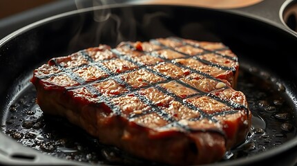 An ultra-realistic portrayal of a sizzling steak on a cast-iron skillet, with distinct grill marks and rendered fat, steam gently rising, captured with sharp focus and warm, inviting light
