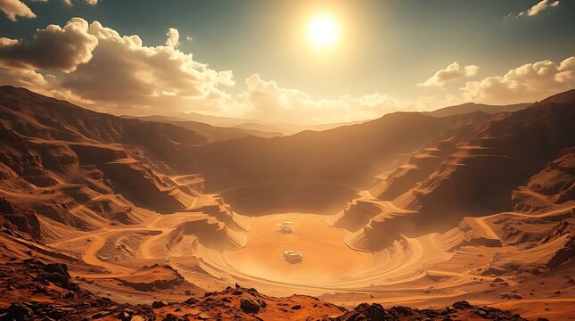 A sprawling open-pit mine under a harsh sun, vast scale, dusty atmosphere, photorealistic rendering, establishing shot