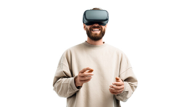 Man wearing VR headset smiles and gestures with hands while experiencing virtual reality, perfect for tech presentations and futuristic advertising. - Powered by Adobe