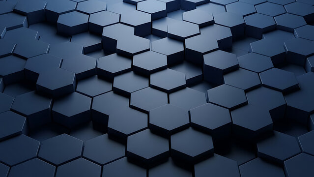 Abstract 3D rendering of a futuristic dark blue hexagonal pattern background, showcasing dynamic geometric shapes and modern technology concept design with varying height levels