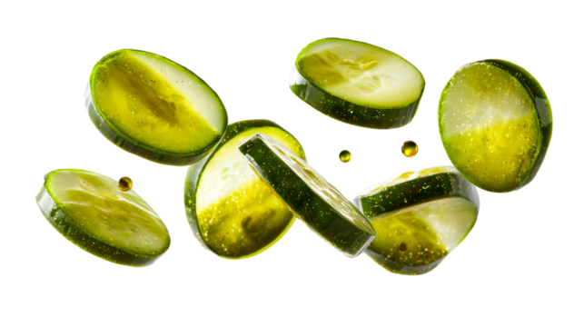 Sparkling cucumber slices suspended in motion, glistening with liquid and glitter, perfect for refreshing beverage and healthy food advertisements.