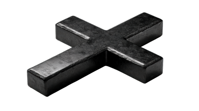 Solid Black Cross Sculpture Object with Textured Surface Viewed From a High Angle for Spiritual and Religious Concepts