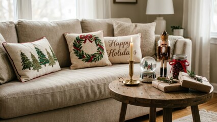 Cozy holiday home decor ideas christmas pillows nutcracker snow globe and gifts on rustic wooden table design