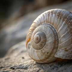 Closeup of a land snail attached to bark of a tree with blurred light blue background, gastropod mollusk with brown spiral shell of irregular texture