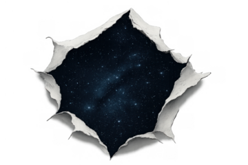 Torn paper opening revealing starry galaxy space with cosmic light, transparent hole concept