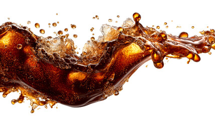 Dynamic cola splash with abundant bubbles frozen in midair, perfect for beverage advertising and refreshment themes