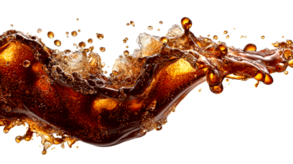 Dynamic cola splash with abundant bubbles frozen in midair, perfect for beverage advertising and refreshment themes