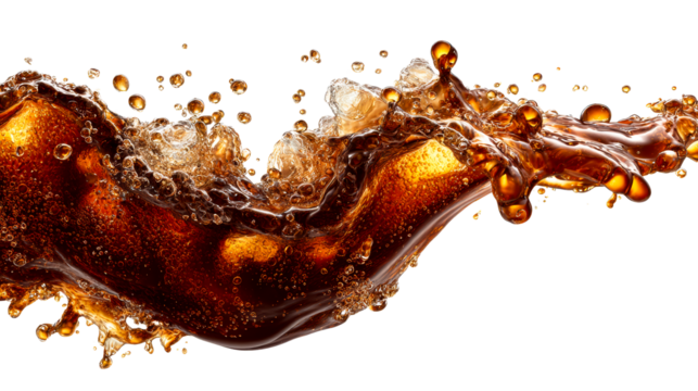 Dynamic cola splash with abundant bubbles frozen in midair, perfect for beverage advertising and refreshment themes