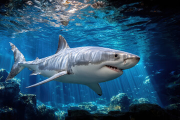 Fototapeta premium Great White Shark Swimming in Sunlit Ocean Depths