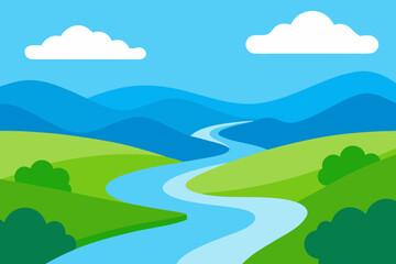 Fototapeta premium Flat vector illustration of a winding river flowing vector illustration