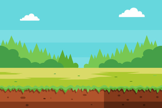 Two dimensional side scrolling game background with grassy platforms and dirt vector illustration