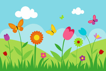 Spring meadow illustration with colorful wildflowers in bloom vector illustration