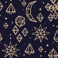 Christmas straw geometric sculptures seamless pattern. Ukrainian hanging straw spiders and Scandinavian himmeli holiday background. Xmas sky. Vector illustration