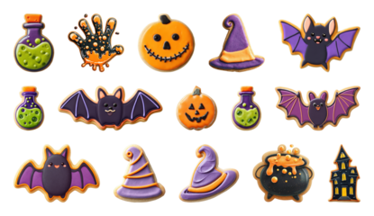 PNG Colorful Halloween-themed cookie designs, element set on transparent background