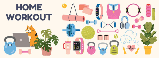 Fototapeta premium Home workout equipment set, fitness accessories and active lifestyle items for indoor training and daily exercise. Trendy modern vector illustration isolated on white, hand drawn, flat design.