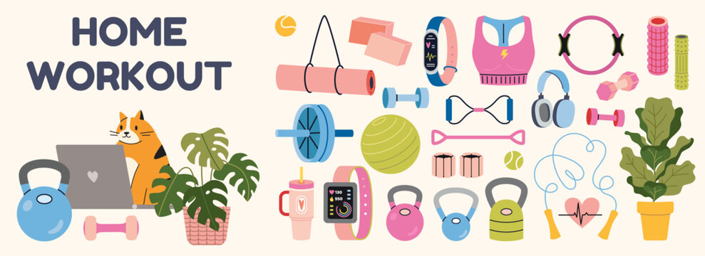 Home workout equipment set, fitness accessories and active lifestyle items for indoor training and daily exercise. Trendy modern vector illustration isolated on white, hand drawn, flat design.
