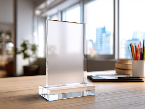 There is a mock-up of a stand made of transparent acrylic glass on the table. A template for a display, nameplate, and signage for a card design idea.