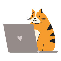 Fototapeta premium Cute orange cat and a laptop, concept of remote work and online classes from home. Trendy modern vector illustration isolated on white, hand drawn, flat design