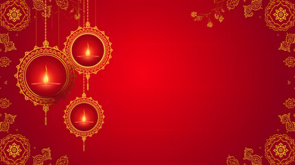 featuring traditional Indian oil lamps, known as diyas, in an ornate, red and gold setting. 