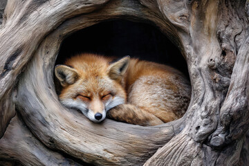Fototapeta premium Sleeping fox curled up in a hollow tree at a nature reserve during a sunny day