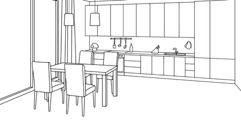 Kitchen room graphic black white home interior sketch illustration vector 