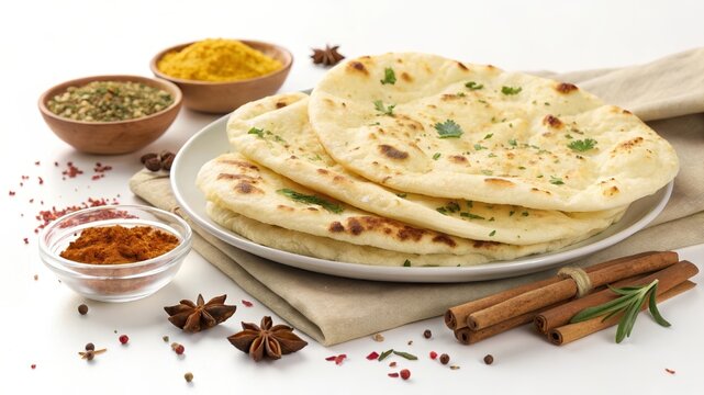 Fresh naan bread with herbs and Indian spices on a rustic table. AI generated.