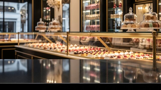 Elegant display of gourmet pastries and desserts in a luxurious glass refrigerated showcase at a high end patisserie or bakery inviting customers to choose sweet treats