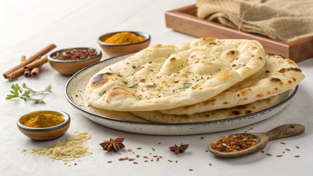 Fresh naan bread with herbs and Indian spices on a rustic table. AI generated.