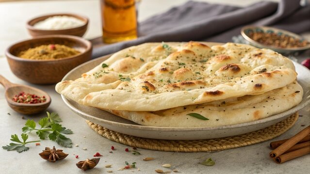 Fresh naan bread with herbs and Indian spices on a rustic table. AI generated.