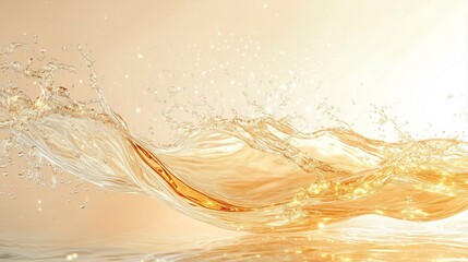 Golden water splash on warm background, luxury cosmetic moisture concept