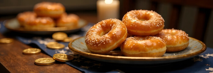 Traditional Hanukkah Donuts on a Festive Table. High quality photo